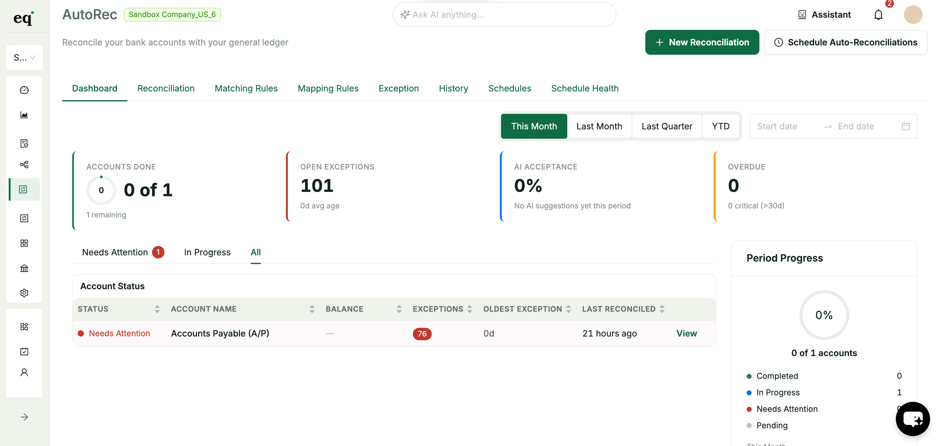 AutoRec automated bank reconciliation dashboard showing matched transactions in QuickBooks Online