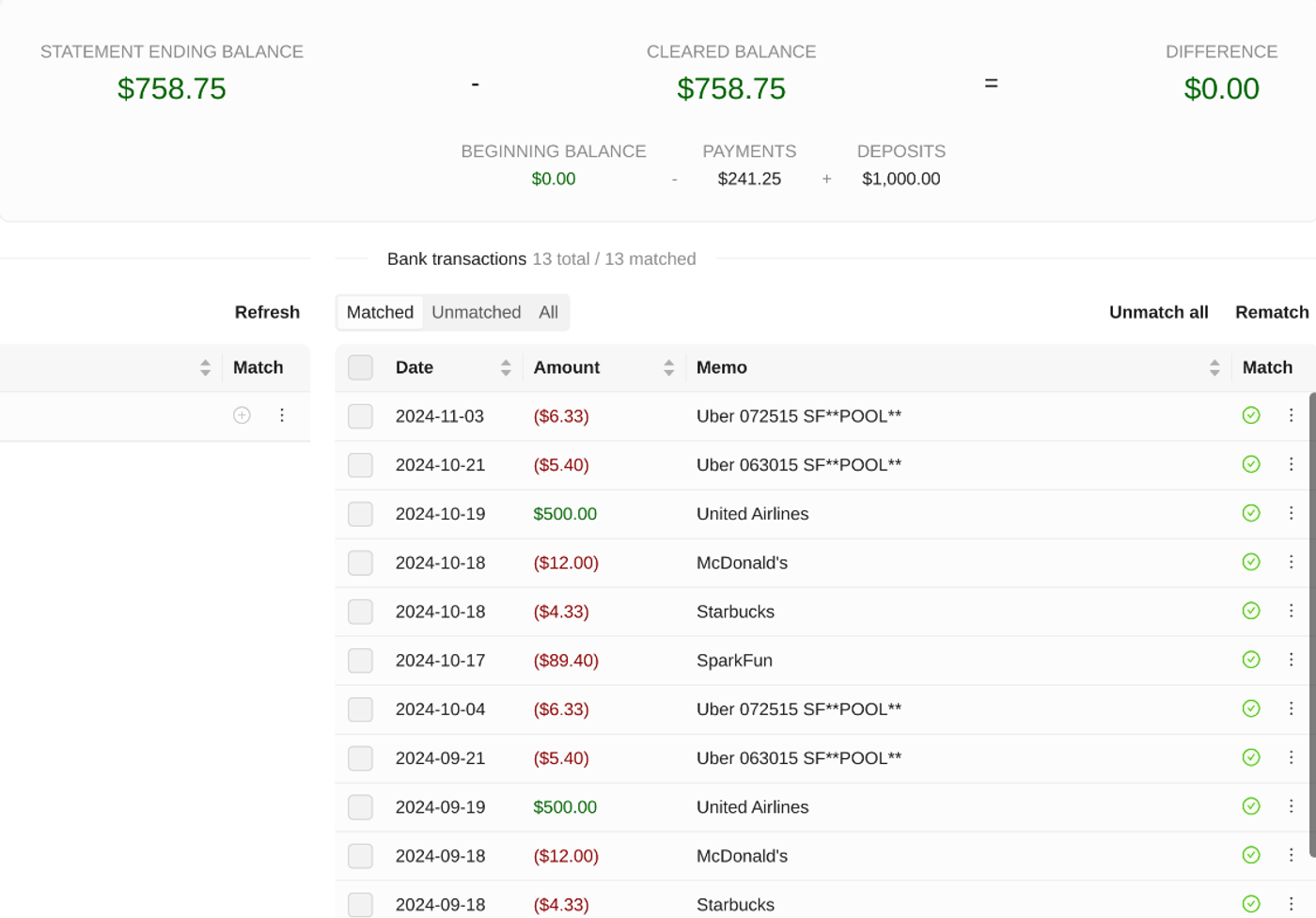 Equility reconciliation result: statement balance and cleared balance both $758.75, difference $0.00, with 13 of 13 bank transactions matched
